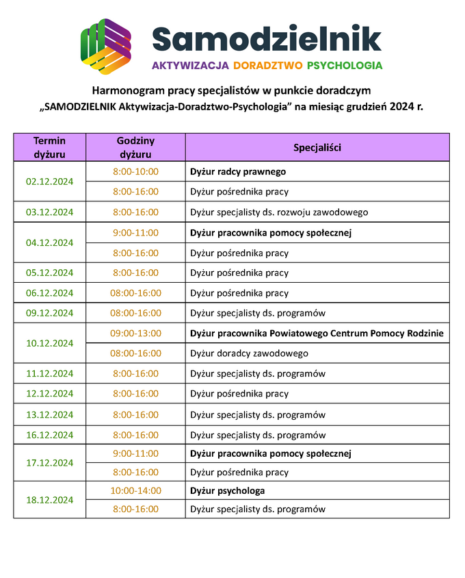 Harmonogram pracy specjalistów w punkcie doradczym w grudniu 2024