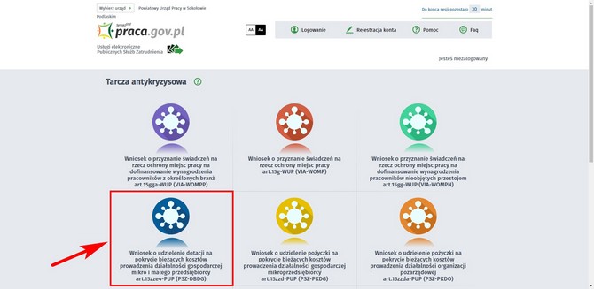 Zrzut ekranu menu wyboru pomocy przedsiębiorcom w portalu praca.gov.pl