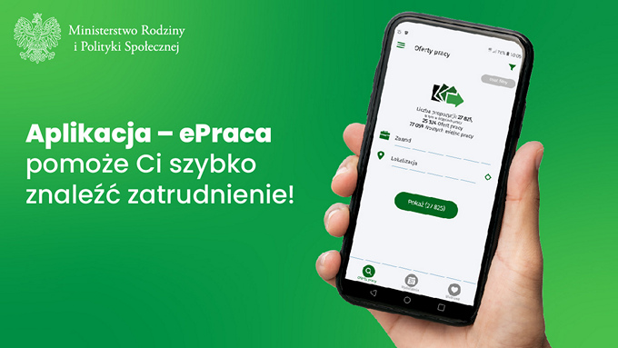Ulotka informacyjna na temat aplikacji mobilnej ePraca pomagającej w znalezieniu zatrudnienia