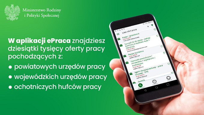 Ulotka informacyjna na temat aplikacji mobilnej ePraca pomagającej w znalezieniu zatrudnienia