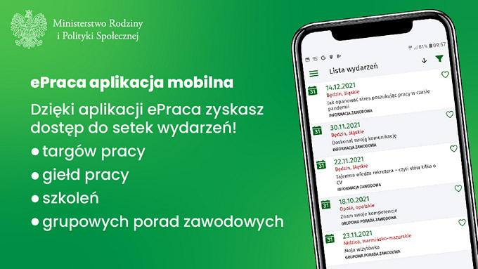 Ulotka informacyjna na temat aplikacji mobilnej ePraca pomagającej w znalezieniu zatrudnienia