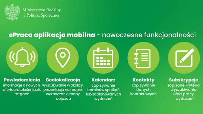 Ulotka informacyjna na temat aplikacji mobilnej ePraca pomagającej w znalezieniu zatrudnienia