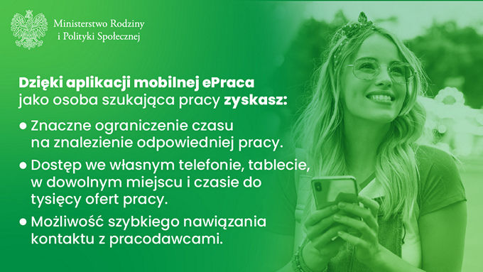 Ulotka informacyjna na temat aplikacji mobilnej ePraca pomagającej w znalezieniu zatrudnienia