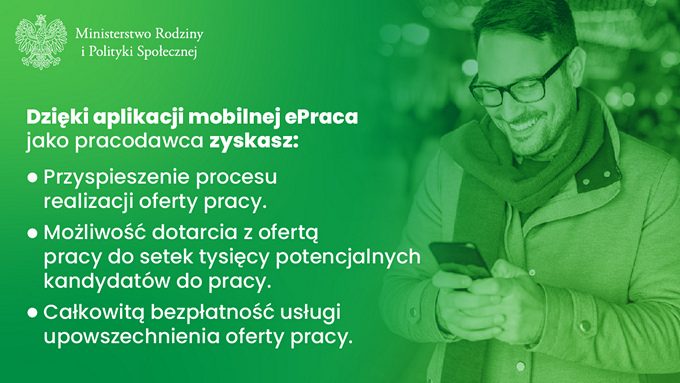 Ulotka informacyjna na temat aplikacji mobilnej ePraca pomagającej w znalezieniu zatrudnienia