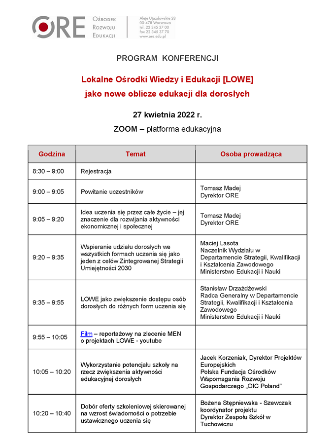Program konferencji LOWE