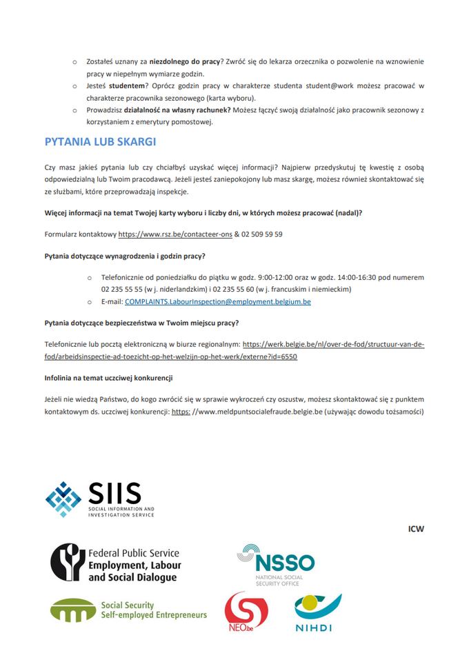 Ulotka informacyjna na temat pracy sezonowej w Belgii