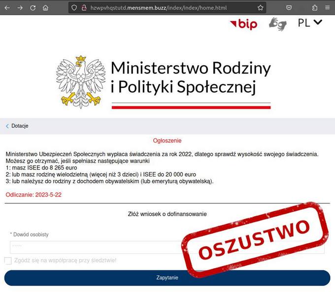 Zrzut ekranu z oszustwem wyłudzającym dane