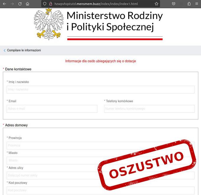 Zrzut ekranu z oszustwem wyłudzającym dane