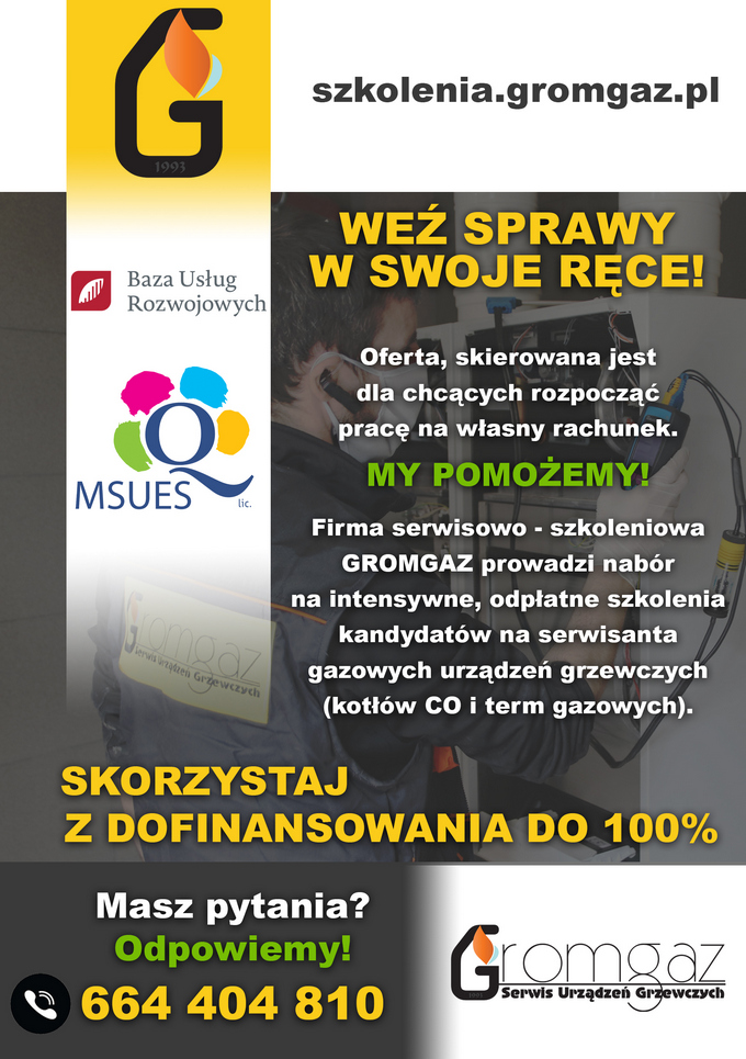 Ulotka informacyjna nt. szkolenia na serwisanta gazowych urządzeń grzewczych