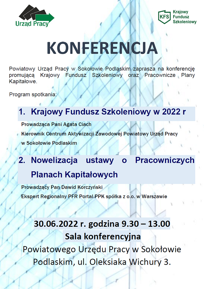 Plakat reklamujący konferencję PPK i KFS w Powiatowym Urzędzie Pracy w Sokołowie Podlaskim