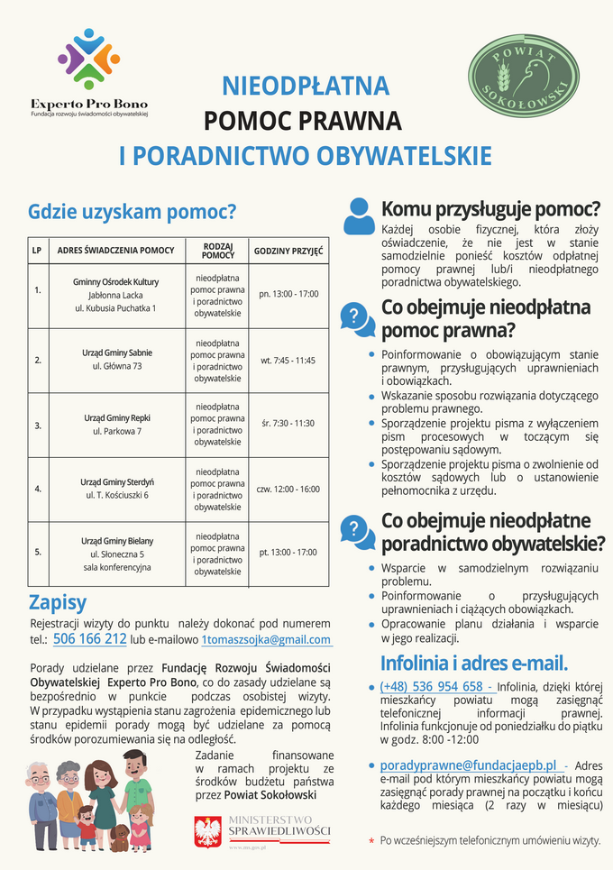 Ulotka informująca o nieodpłatnej pomocy prawnej w powiecie sokołowskim