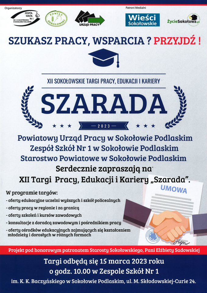 Plakat promujący XII Sokołowskie targi pracy, edukacji i kariery - Szarada 2023