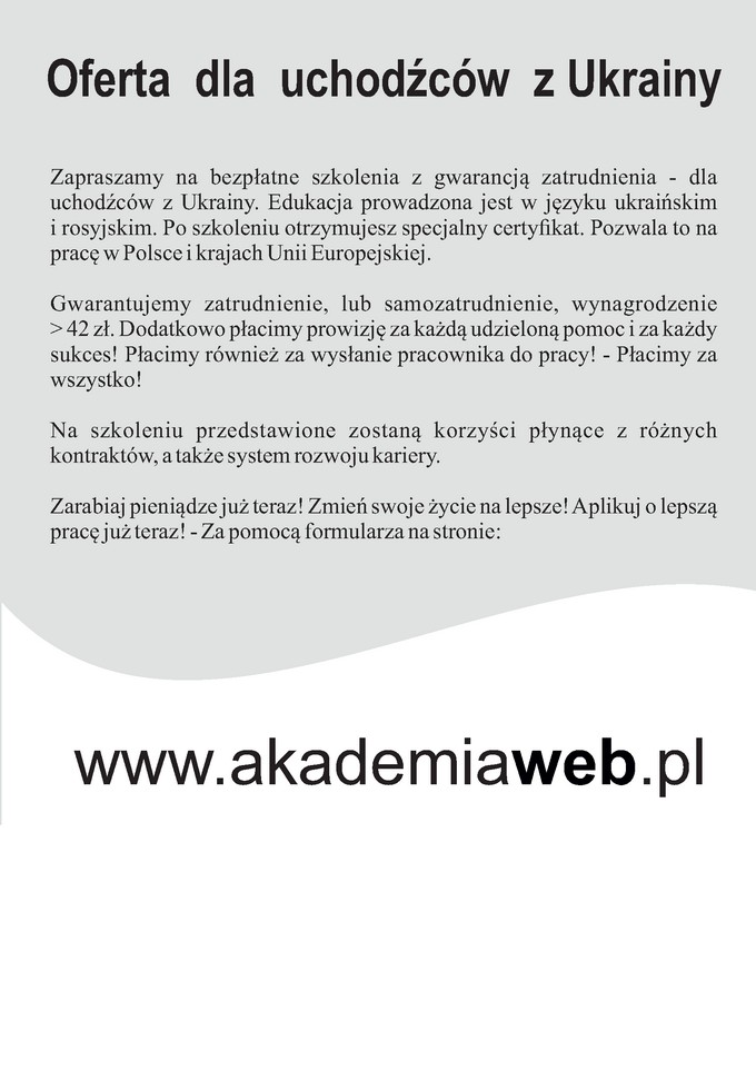 Plakat po polsku dla uchodźców z Ukrainy na temat szkoleń