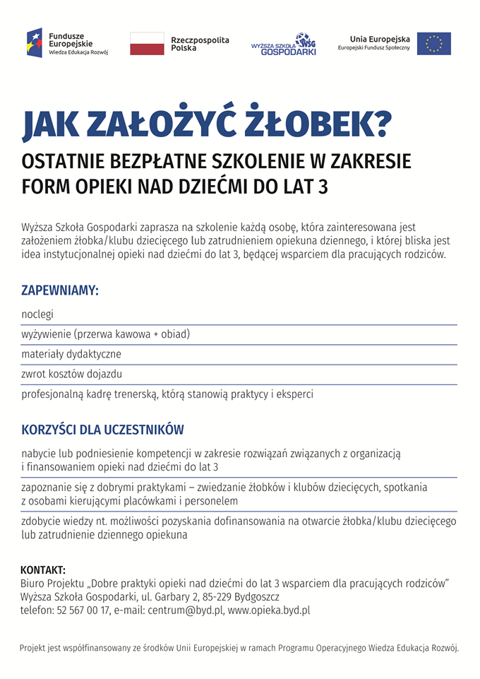 Ulotka reklamująca szkolenie pt. Jak założyć żłobek, które odbędzie się w Sokołowie Podlaskim w dniach 18 i 25 października 2021 roku