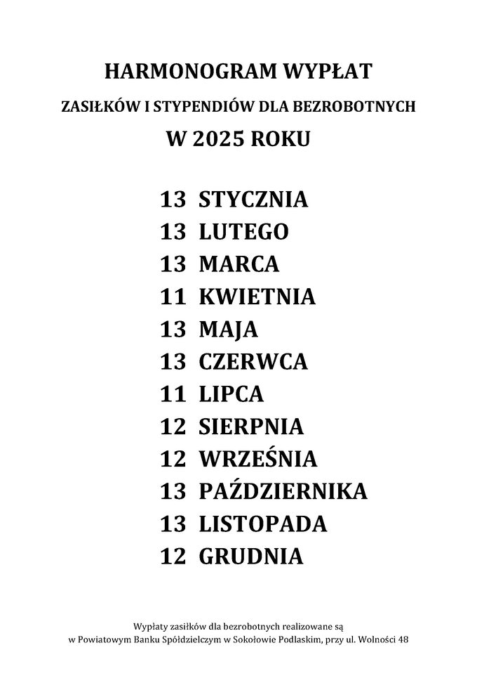 Harmonogram wypłat zasiłków w 2025 roku