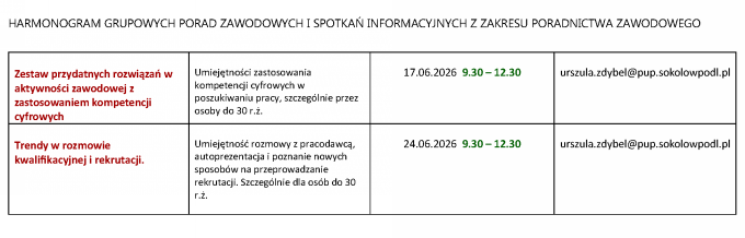 Harmonogram spotkań i porad zawodowych Powiatowego Urzędu Pracy w Sokołowie Podlaskim na II kwartał 2026 – terminy w październiku i listopadzie, m.in. spotkania informacyjne, przygotowanie do rozmowy kwalifikacyjnej, dokumenty aplikacyjne, kompetencje cyfrowe i ocena potencjału zawodowego.