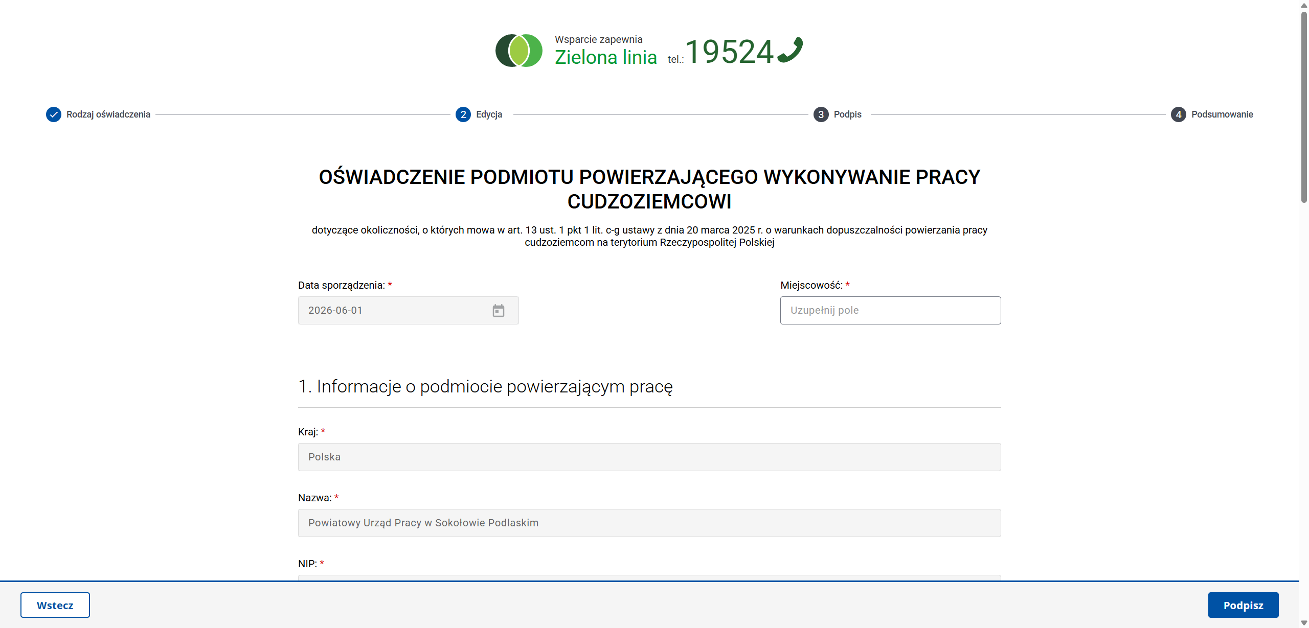 Zrzut ekranu przedstawiający formularz oświadczenia w serwisie Praca.gov.pl, na etapie edycji (krok 2 z 4). U góry widoczny jest pasek postępu z etapami: „Rodzaj oświadczenia”, „Edycja”, „Podpis” i „Podsumowanie”. Centralnie znajduje się nagłówek „Oświadczenie podmiotu powierzającego wykonywanie pracy cudzoziemcowi”. Poniżej widoczne są pola formularza, m.in. data sporządzenia oraz miejscowość, a także sekcja „Informacje o podmiocie powierzającym pracę” z danymi takimi jak kraj, nazwa i NIP. Na dole strony znajdują się przyciski „Wstecz” oraz „Podpisz”.